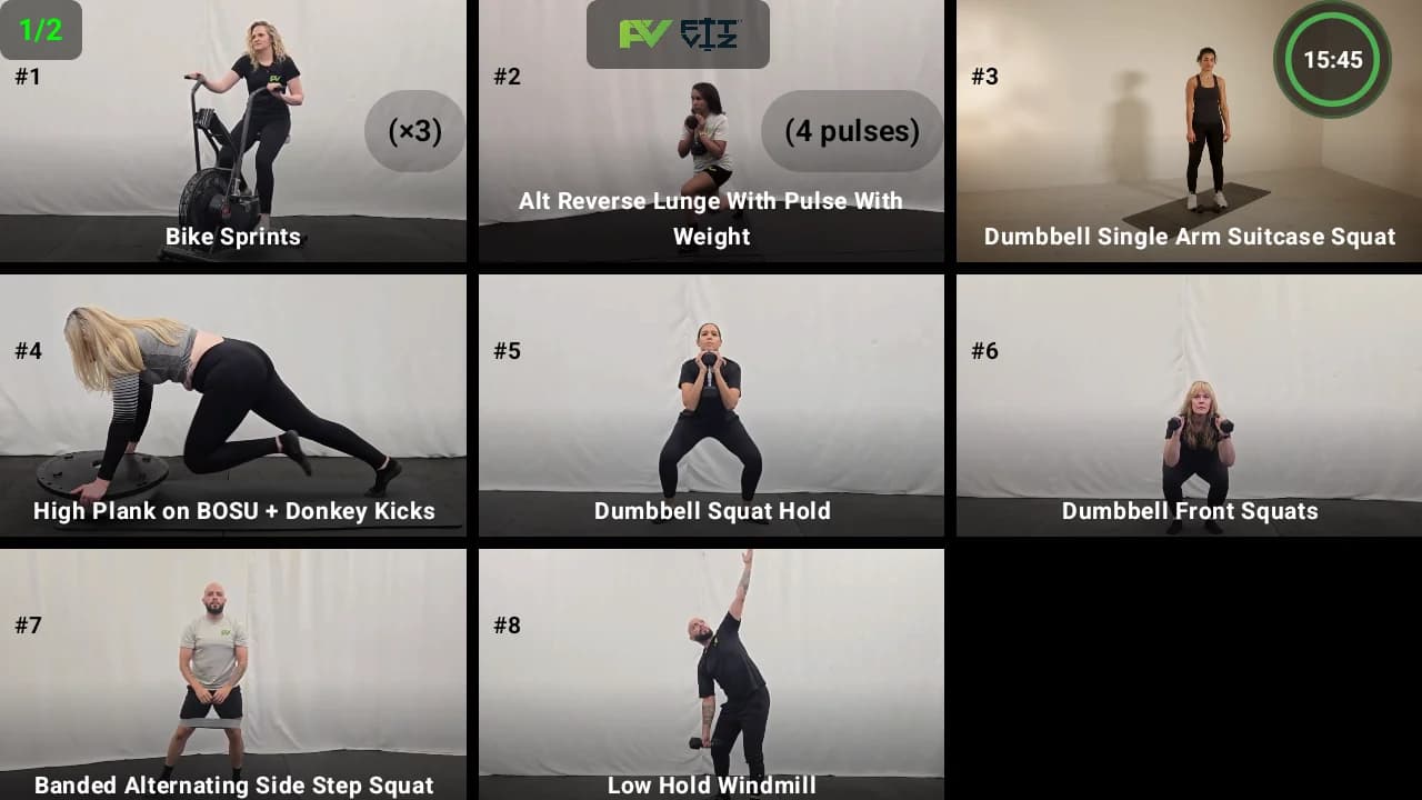 Fit Viz: Gym Workout Display System showing 8-station workout grid